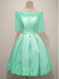 Traditional Turquoise A-line Taffeta Off The Shoulder Half Sleeves Lace Knee Length Lace Up Damas Dress