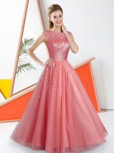 Bateau Sleeveless Quinceanera Court of Honor Dress Floor Length Beading and Lace Watermelon Red Tulle