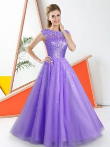 Lavender Bateau Neckline Beading and Lace Quinceanera Court of Honor Dress Sleeveless Backless