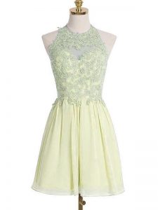 Clearance Halter Top Sleeveless Dama Dress for Quinceanera Knee Length Appliques Light Yellow Chiffon