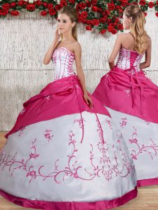 White Ball Gowns Taffeta Strapless Sleeveless Embroidery and Pick Ups Floor Length Lace Up Quinceanera Gown