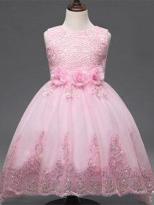 Sleeveless Lace and Appliques and Bowknot and Hand Made Flower Zipper Little Girls Pageant Dress