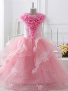 Floor Length Zipper Little Girls Pageant Gowns Baby Pink for Wedding Party with Ruffles and Hand Made Flower