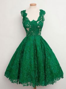A-line Quinceanera Court of Honor Dress Green Straps Lace Sleeveless Knee Length Zipper