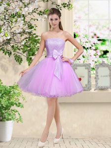 Beautiful Lilac Sleeveless Lace and Belt Knee Length Dama Dress for Quinceanera