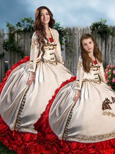 White And Red Long Sleeves Brush Train Embroidery and Ruffles 15th Birthday Dress