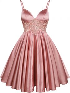 Fancy Pink Sleeveless Elastic Woven Satin Lace Up Quinceanera Court of Honor Dress for Prom and Party and Wedding Party