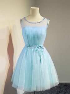 Fancy Aqua Blue Scoop Neckline Belt Court Dresses for Sweet 16 Sleeveless Lace Up
