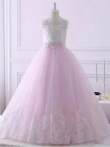 Great Baby Pink Tulle Lace Up Scalloped Sleeveless Little Girls Pageant Gowns Brush Train Lace