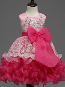 Hot Pink Organza Zipper Scoop Sleeveless Tea Length Little Girl Pageant Gowns Lace and Ruffled Layers and Bowknot