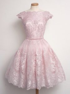 Best Selling A-line Damas Dress Baby Pink Scalloped Lace Cap Sleeves Knee Length Lace Up