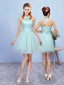 Tulle Halter Top Sleeveless Lace Up Lace Court Dresses for Sweet 16 in Aqua Blue