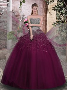 Luxury Strapless Sleeveless Lace Up Vestidos de Quinceanera Purple Tulle