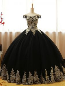Glorious Black Ball Gowns Tulle Off The Shoulder Sleeveless Appliques Floor Length Lace Up Vestidos de Quinceanera