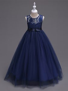 Wonderful Navy Blue A-line Tulle Scoop Sleeveless Lace Floor Length Zipper Custom Made Pageant Dress