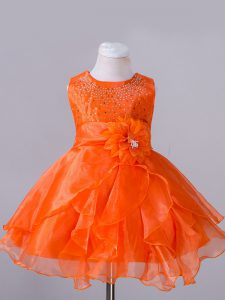 Stylish Orange Red Zipper Pageant Dresses Beading and Hand Made Flower Sleeveless Knee Length