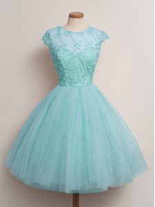 Simple Knee Length Ball Gowns Cap Sleeves Aqua Blue Dama Dress Lace Up