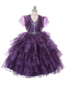 Purple Sleeveless Organza Lace Up Girls Pageant Dresses for Wedding Party