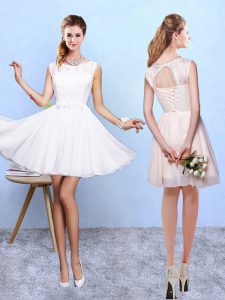 Hot Sale Chiffon Scoop Sleeveless Lace Up Lace and Appliques Court Dresses for Sweet 16 in White