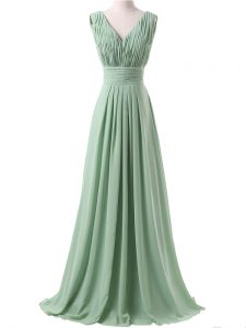 Charming Apple Green Chiffon Lace Up V-neck Sleeveless Floor Length Dama Dress for Quinceanera Ruching