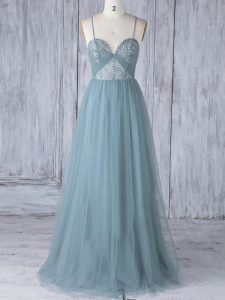 Floor Length Grey Dama Dress for Quinceanera Tulle Sleeveless Appliques