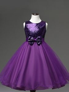 Purple Zipper Little Girls Pageant Dress Sequins and Bowknot Sleeveless Tea Length
