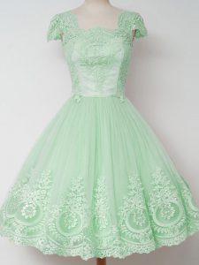 Modest Square Cap Sleeves Court Dresses for Sweet 16 Knee Length Lace Apple Green Tulle
