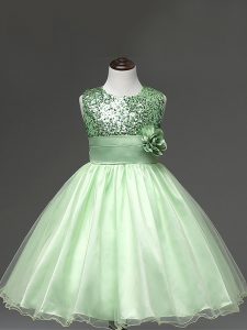 Apple Green Ball Gowns Tulle Scoop Sleeveless Sequins and Hand Made Flower Knee Length Zipper Pageant Gowns For Girls