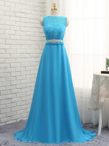 Affordable Baby Blue Asymmetric Zipper Beading and Lace Dama Dress for Quinceanera Brush Train Sleeveless