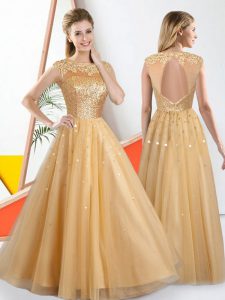 Champagne Sleeveless Floor Length Beading and Lace Backless Dama Dress for Quinceanera