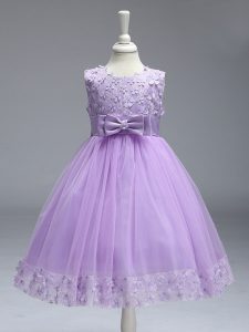 Customized Knee Length Zipper Pageant Gowns For Girls Lavender for Wedding Party with Lace and Bowknot