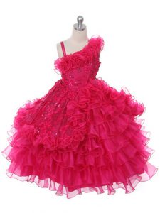 Hot Pink Ball Gowns Organza Asymmetric Sleeveless Lace and Ruffles and Ruffled Layers Floor Length Lace Up Little Girl Pageant Dress