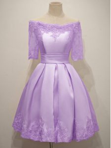 Off The Shoulder Short Sleeves Dama Dress for Quinceanera Knee Length Lace Lavender Taffeta