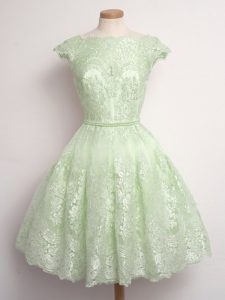 Yellow Green Lace Up Quinceanera Dama Dress Lace Cap Sleeves Knee Length