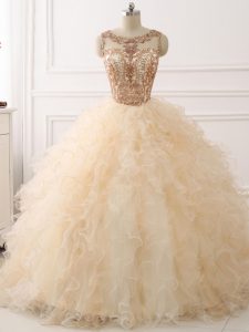 Organza Sleeveless Ball Gown Prom Dress Sweep Train and Beading and Ruffles