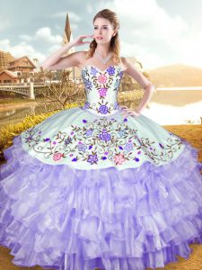 Cute Embroidery and Ruffled Layers Sweet 16 Dress Lavender Lace Up Sleeveless Floor Length
