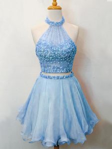 Dynamic Blue Halter Top Lace Up Beading Damas Dress Sleeveless