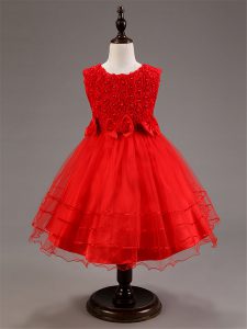 Admirable Ruffled Layers and Hand Made Flower Child Pageant Dress Red Zipper Sleeveless Knee Length