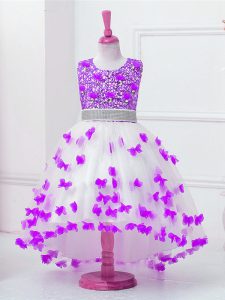 Customized White Ball Gowns Appliques and Sequins Little Girls Pageant Gowns Zipper Tulle Sleeveless High Low