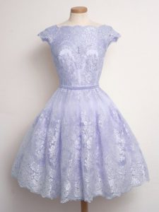 Superior Lavender Scalloped Neckline Lace Quinceanera Dama Dress Cap Sleeves Lace Up