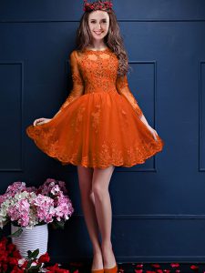 Orange Red Lace Up Quinceanera Court of Honor Dress Beading and Lace and Appliques 3 4 Length Sleeve Mini Length