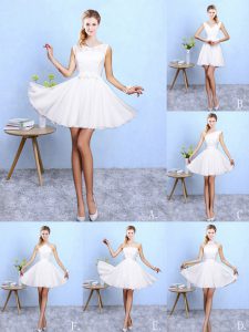 Exquisite Sleeveless Chiffon Knee Length Lace Up Court Dresses for Sweet 16 in White with Lace and Appliques