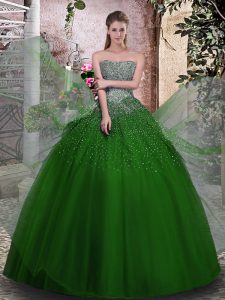 Sexy Floor Length Lace Up Quinceanera Gown Green for Military Ball and Sweet 16 and Quinceanera with Beading