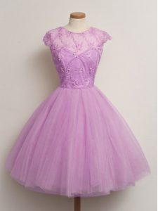 Cap Sleeves Tulle Knee Length Lace Up Quinceanera Court of Honor Dress in Lilac with Lace