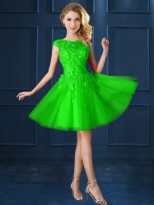 Glorious A-line Lace and Belt Dama Dress for Quinceanera Lace Up Tulle Cap Sleeves Knee Length