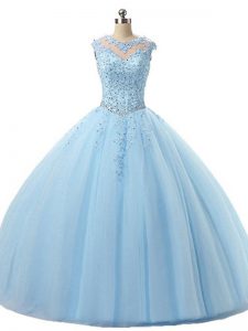 Stunning Scoop Sleeveless Lace Up Quinceanera Gowns Light Blue Tulle