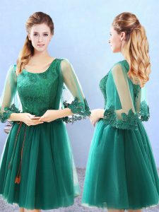 Cute Knee Length Green Quinceanera Court Dresses Scoop 3 4 Length Sleeve Lace Up