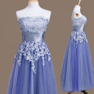 Lavender Sleeveless Tea Length Appliques Lace Up Court Dresses for Sweet 16