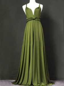Ideal Olive Green Criss Cross Vestidos de Damas Ruching Sleeveless Floor Length