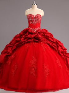 Graceful Beading and Appliques and Pick Ups Quinceanera Gowns Red Lace Up Sleeveless Court Train